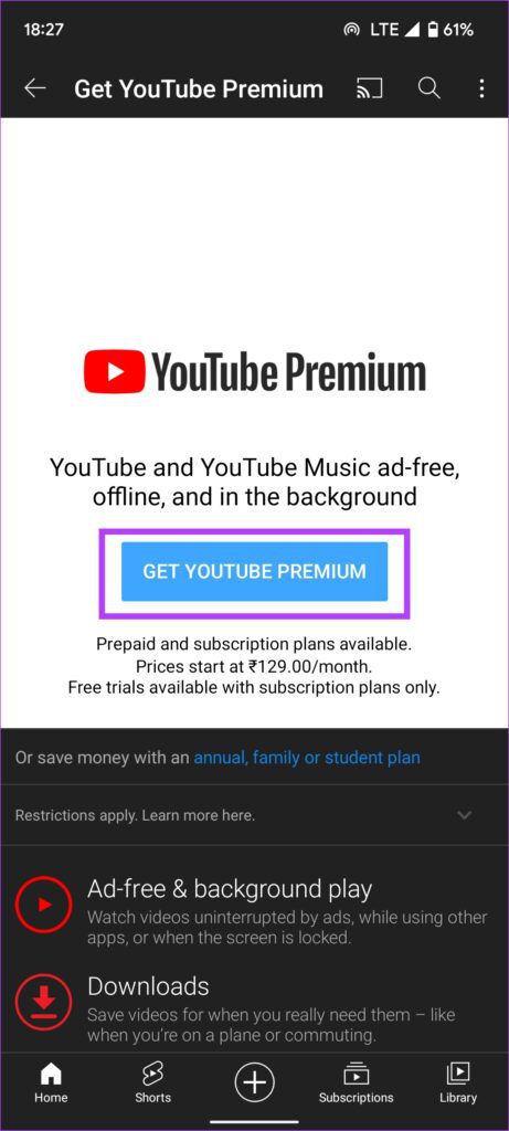 YouTube Premium'u edinin düğmesi