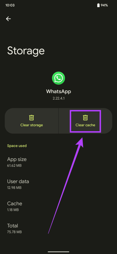 WhatsApp'ta Önbelleği Temizle seçeneği