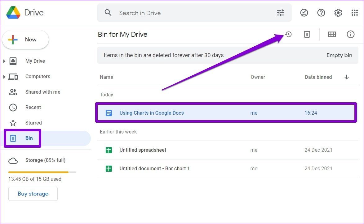 Google Drive'da bir Dosyayı Geri Yükleme