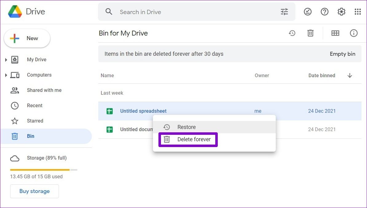 Dosyaları Kalıcı Olarak Sil Google Drive
