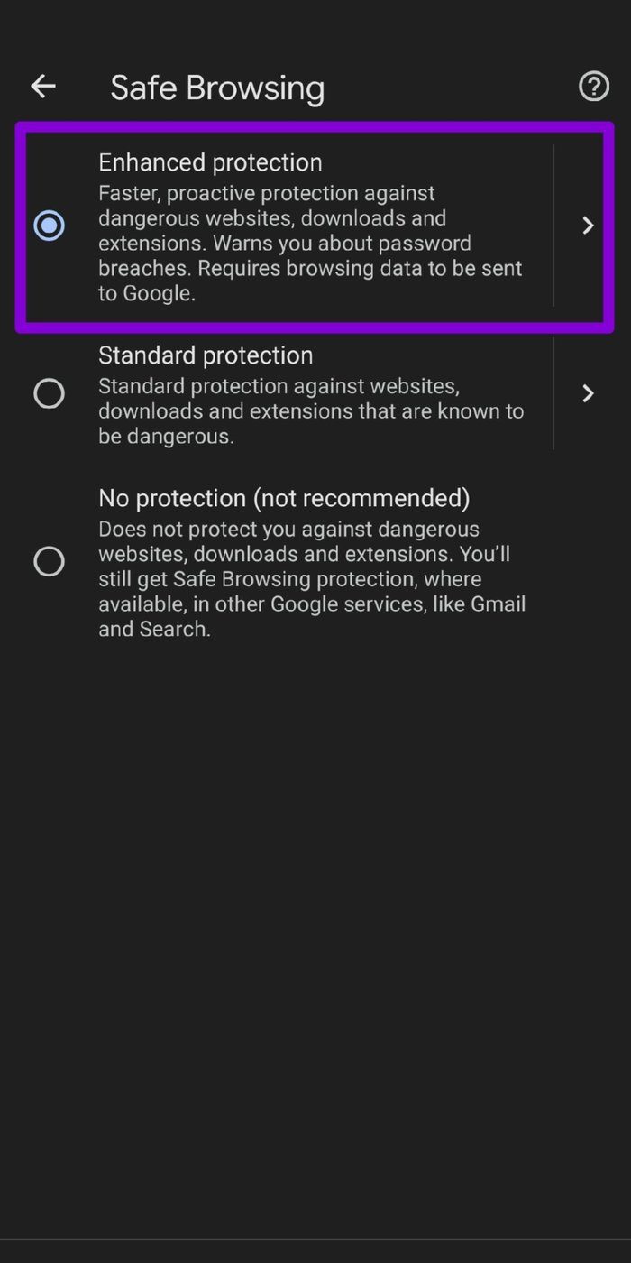 Android'de Google Chrome için Gelişmiş Koruma