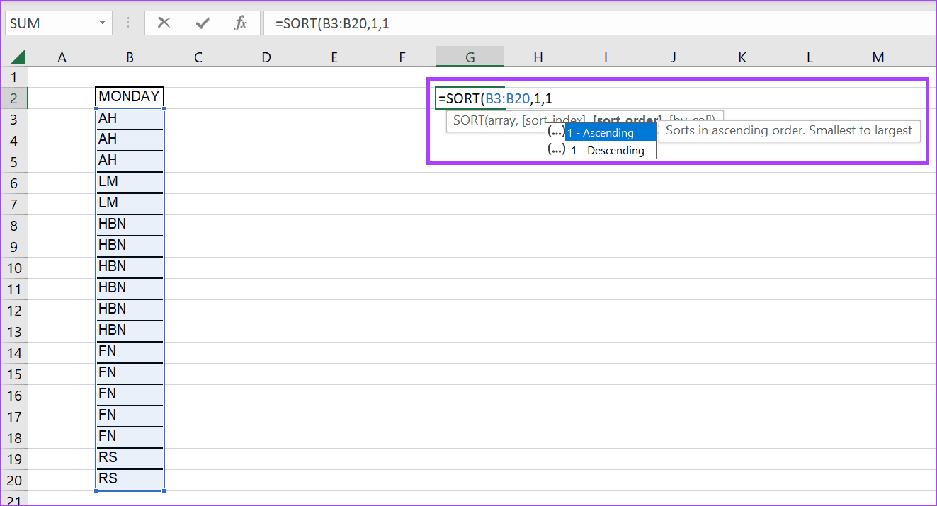 Sort order in excel