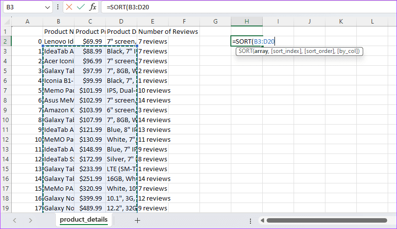 Sorting range in excel