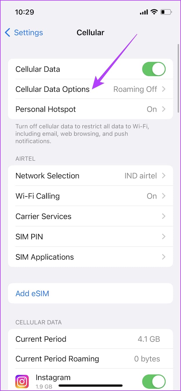 Tap on Cellular Data Options