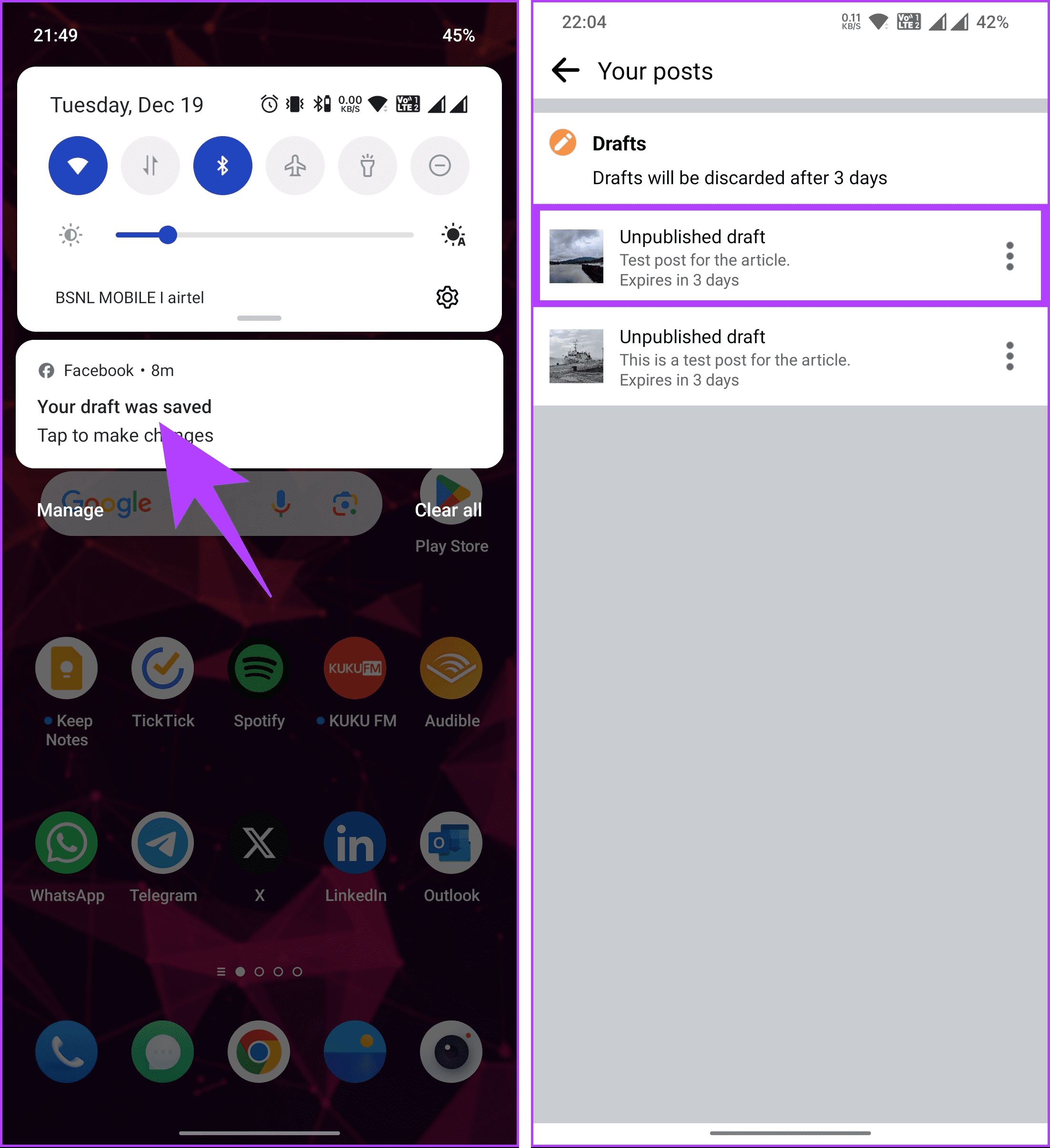 Facebook taslak bildirimine dokunun